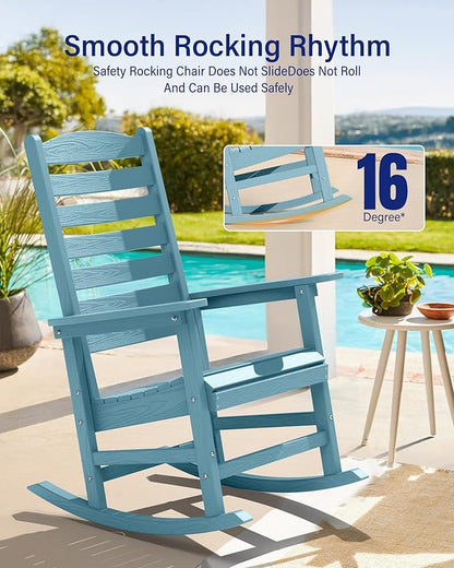 YEFU Outdoor Rocking Chair Set of 2,Poly Porch Rocker with Curved Backrest,All Weather Patio Rocking Chair,Like Real Wood,for Indoor,Lawn, Backyard,Garden,Heavy Duty,Weight Capacity 380lbs(Blue)