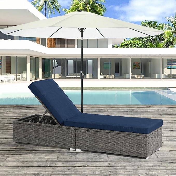 JOIVI Outdoor Chaise Lounge Chair, All-Weather PE Wicker Patio Chaise Lounge Pool Lounger, Gray Rattan Reclining Outdoor Chair with Adjustable Backrest & Removable Cushion(Navy Blue)