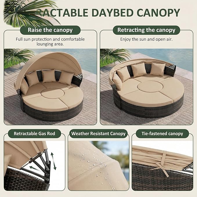 Crownland Outdoor Daybed with Retractable Canopy, Patio Round Daybed with Washable Cushions, Clamshell Sectional Seating - Photo 6