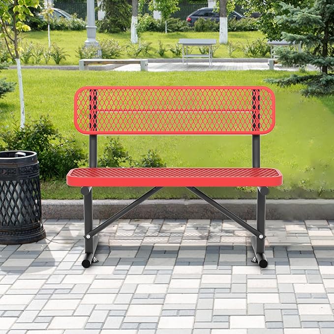 4 Ft Metal Park Bench for Outside, All-Weather Thermoplastic Coating Outdoor Bench with Backrest, Commercial Heavy Duty Benches for Shopping Malls, Stores, Parks, Patios, Decks, Red