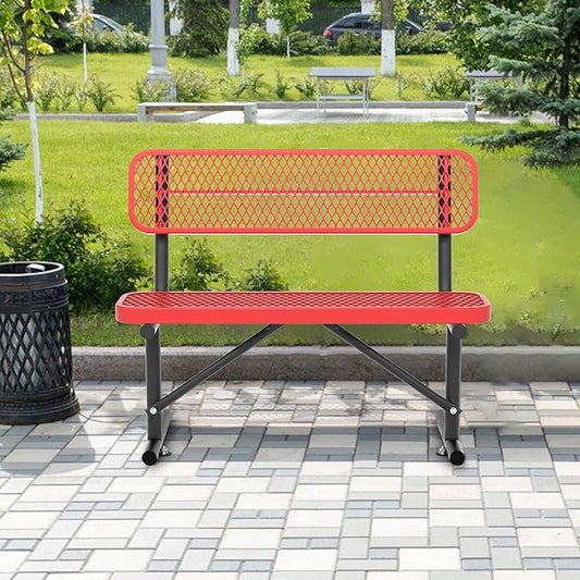 4 Ft Metal Park Bench for Outside, All-Weather Thermoplastic Coating Outdoor Bench with Backrest, Commercial Heavy Duty Benches for Shopping Malls, Stores, Parks, Patios, Decks, Red