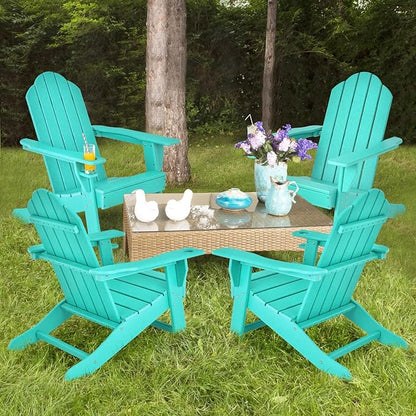 Tangkula Adirondack Chair Outdoor, Fade Resistant HDPE Armchairs with Cup Holder, Weather Resistant Lounger Chairs for Patio Garden Backyard Deck, Lawn Porch Seating, Adirondack Lounger (2, Turquoise)