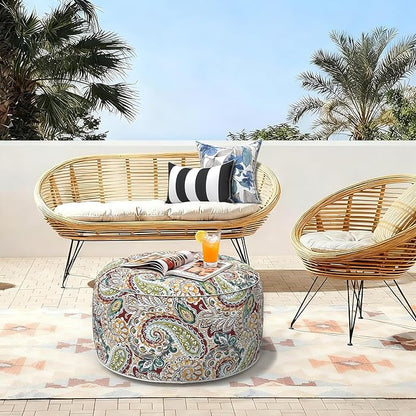 LVTXIII Outdoor Inflatable Ottoman, Fade-Resistant Round Footrest Stool D31”x H14”, Portable Patio Pouf for Garden Camping or Home Use, Paisley Chilli