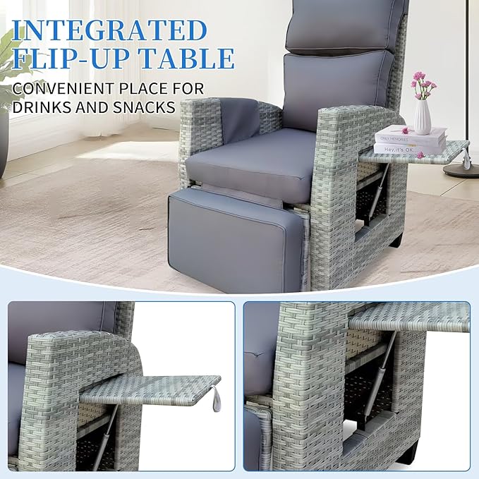 Wicker Outdoor Recliner | Outdoor Recliner Chair | Patio Reclining Chair with 4" Thick Cushion, Adjustable Backrest & Footrest, Flip-up Table & Side Pocket For Patio, Outdoor & Indoor (Gray&Gray)
