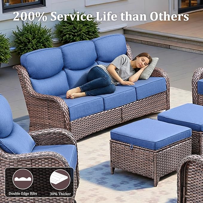 3 Pieces Patio Sofa Set with 6" Thick Cushions, High Back Wicker Sectional Outdoor Sofa with Ottomans - Photo 4
