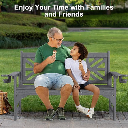 Oversized Outdoor Bench Set of 2, 51.5” HDPE Aesthetic Garden Bench with Cup Holders, Memorial Benches - Easy Assembly & All Weather, for Porch & Patio, 800lbs Load Capacity (Grey)