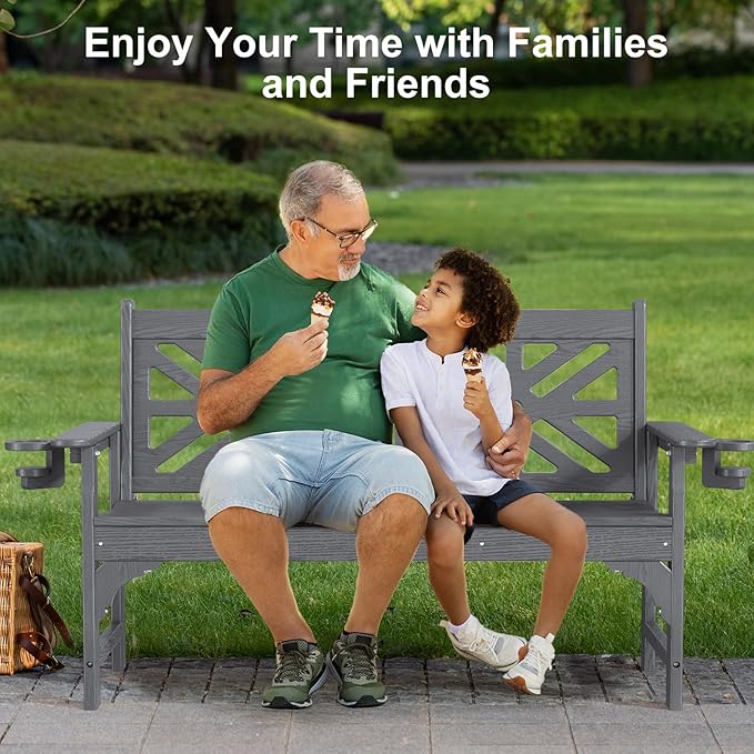 Oversized Outdoor Bench with Cup Holders, 51.5” HDPE Aesthetic Garden Bench for 2 Person, Memorial Benches - Easy Assembly & All Weather, for Porch & Patio, 800lbs Load Capacity (Grey, 1pc)