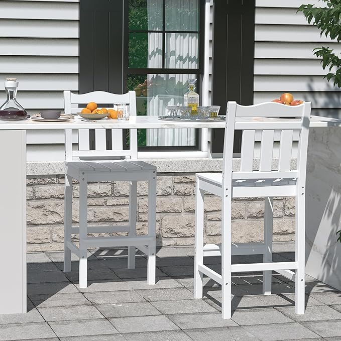 nalone Outdoor Bar Stool, HDPE Tall Adirondack Chair Bar Chair, Weather Resistance Bar Height Chairs for Balcony, Garden, Yard, Backyard (White, Bar Chair)