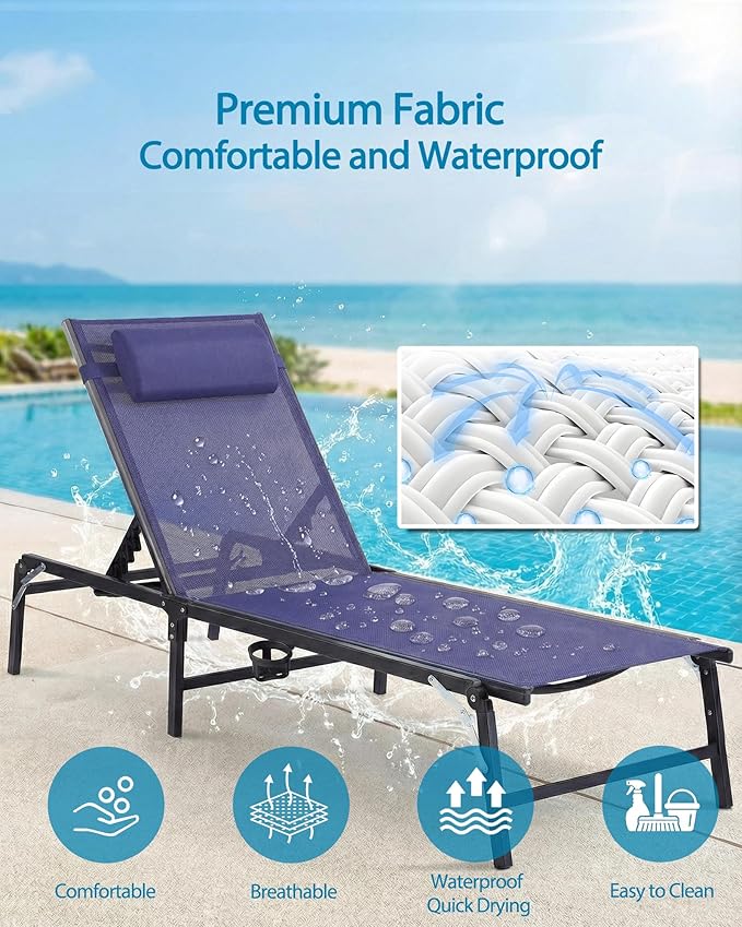 2 Pack Foldable Chaise Lounge Chair with Cup Holder - Photo 5