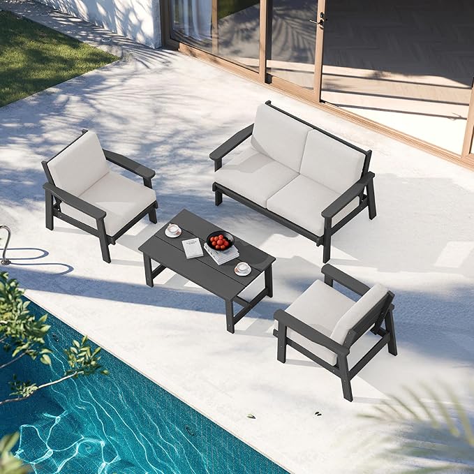 SERWALL HDPE Outdoor Furniture Set 4, All Weather Wood-Like Outdoor Sofa Sectional Couch - Photo 9