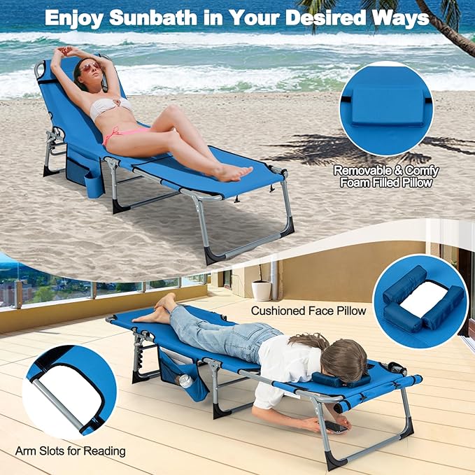 Tangkula Beach Lounge Chair, Outdoor Folding Tanning Chair with Face/Arm Hole, 2 Carry Handle, Pillow - Photo 6
