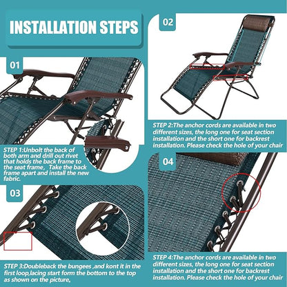Queekay Chair Replacement Fabric with 4 Bungee Cord Lounge Chair Cloth Mesh Repair Kit for Patio Recliner Outdoor Lawn Pool(63 x 17 Inch,Forest Green)