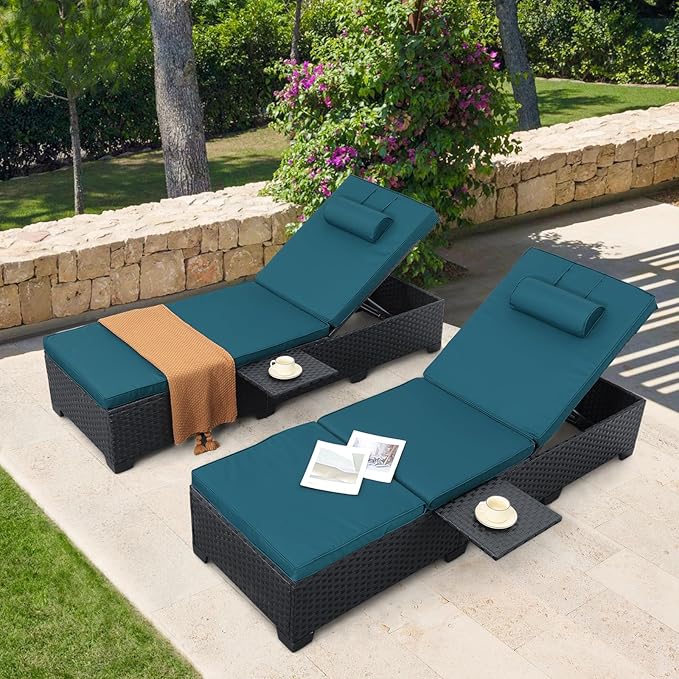 WAROOM Outdoor Chaise Lounge Chairs for Outside Patio Furniture Set of 2 Wicker Recliner Black Rattan Sunbathing - Photo 8