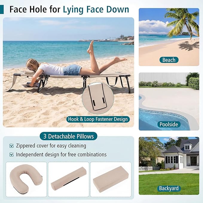 Tangkula Beach Lounge Chair, Folding Sunbathing Recliner with Face Hole, Face Down Tanning Chair with 4-Level Adjustable Backrest & 3 Removable Pillows, Chaise Lounge Chair for Patio (2, Beige)