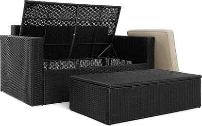 Serta Laguna Brown Resin Wicker Outdoor Patio Furniture Collection, Easy Assembly, Porch or Pool, Storage Sofa & Coffee Table Set Black Wicker