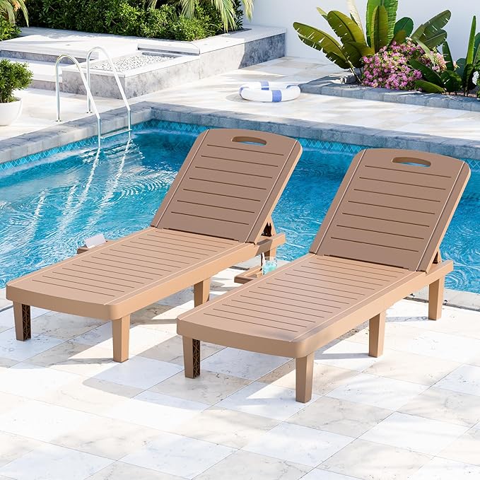 Outdoor Chaise Lounge Set of 2, 5-Position Adjustable Sun Lounge w/Pull-Out Tray, Waterproof PP Lounge Chairs for Outside, Lounge Chairs for Poolside, Patio, Beach, Yard in All Weather,Brown