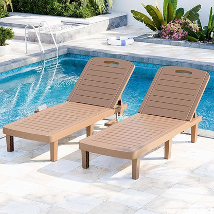 Outdoor Chaise Lounge Set of 2, 5-Position Adjustable Sun Lounge w/Pull-Out Tray, Waterproof PP Lounge Chairs for Outside, Lounge Chairs for Poolside, Patio, Beach, Yard in All Weather,Brown