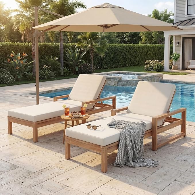 Outdoor Chaise Lounge Chair Set of 2, Patio Chaise Lounge Recliner with Adjustable Backrest, Acacia Wood Poolside Chaise Lounge with Thick All-Weather Cushions for Patio, Deck and Backyard(B)