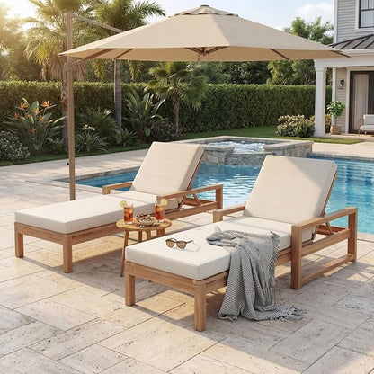 Outdoor Chaise Lounge Chair Set of 4, Patio Chaise Lounge Recliner with Adjustable Backrest, Acacia Wood Poolside Chaise Lounge with Thick All-Weather Cushions for Patio, Deck and Backyard(B)