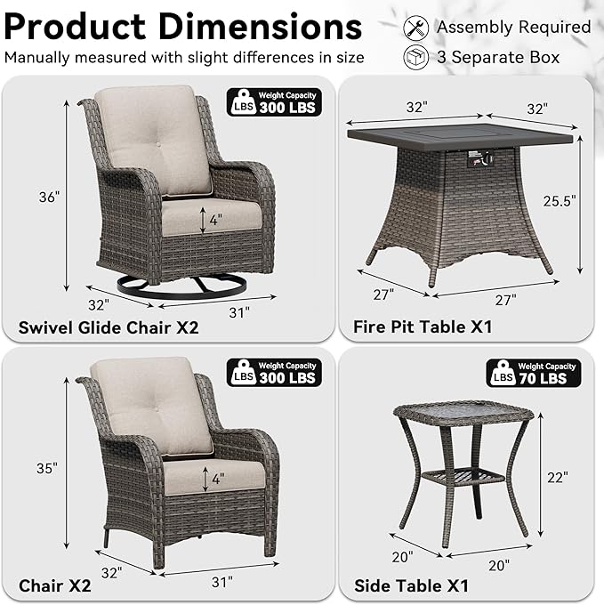 6 Pieces Outdoor Wicker Patio Furniture Set with Fire Pit Table, Patio Chair Set with Thickened Olefin Cushions - Photo 2