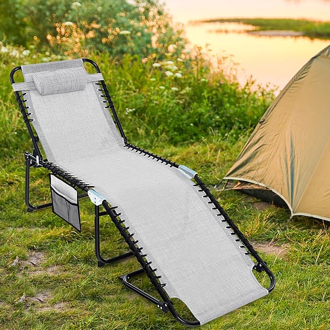 Tangkula Beach Lounge Chair for Outside, Folding Chaise Lounge Outdoor with 4-Position Backrest, Removable Headrest and Side Pocket, Portable Sunbathing Tanning Chair for Patio, Poolside (1, Grey)