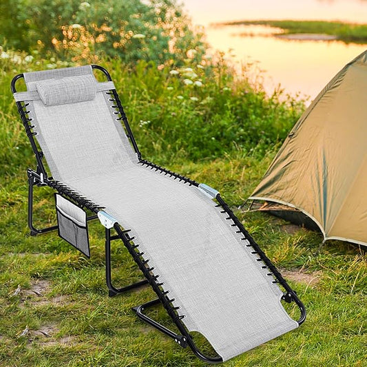 Tangkula Beach Lounge Chair for Outside, Folding Chaise Lounge Outdoor with 4-Position Backrest, Removable Headrest and Side Pocket, Portable Sunbathing Tanning Chair for Patio, Poolside (1, Grey)