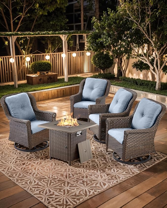 Outdoor Patio Swivel Gliders with Fire Pit Table 5 Piece Set - High Back Brown Wicker Rattan Rocking Chair with Thick - Photo 5