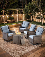 Outdoor Patio Swivel Gliders with Fire Pit Table 5 Piece Set - High Back Brown Wicker Rattan Rocking Chair with Thick - Photo 5