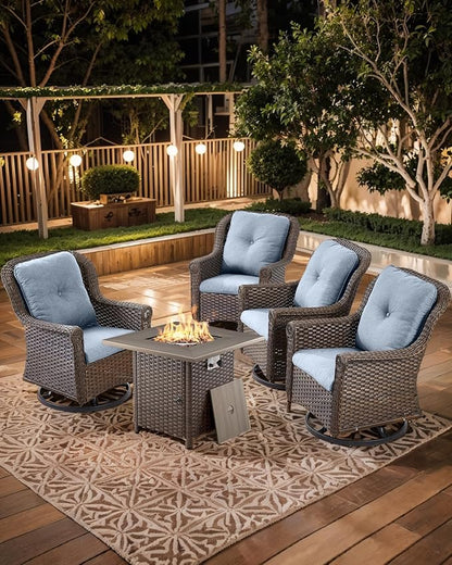 Outdoor Patio Swivel Gliders with Fire Pit Table 5 Piece Set - High Back Brown Wicker Rattan Rocking Chair with Thick Cushion for Porch Apartment Deck Yard Poolside Garden - Baby Blue