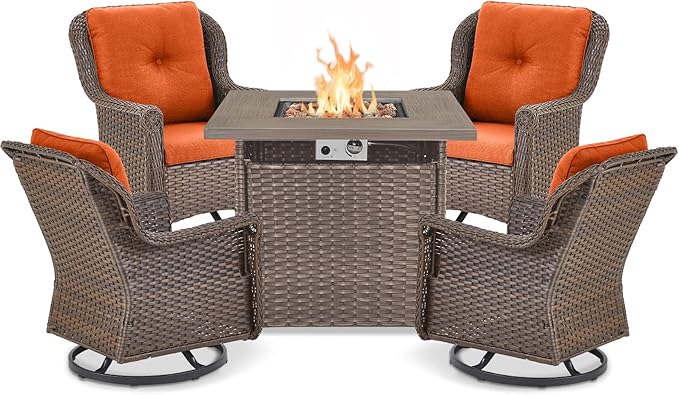 Outdoor Patio Swivel Gliders with Fire Pit Table 5 Piece Set - High Back Brown Wicker Rattan Rocking Chair with Thick - Photo 1