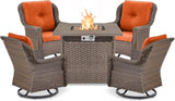 Outdoor Patio Swivel Gliders with Fire Pit Table 5 Piece Set - High Back Brown Wicker Rattan Rocking Chair with Thick - Photo 1