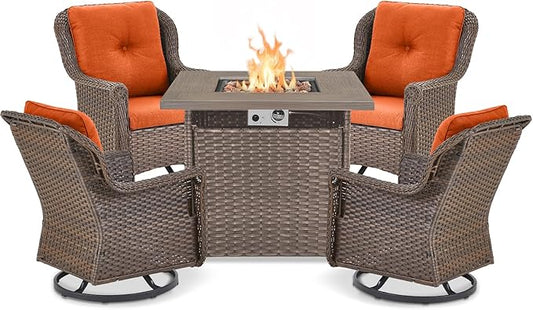 Outdoor Patio Swivel Gliders with Fire Pit Table 5 Piece Set - High Back Brown Wicker Rattan Rocking Chair with Thick Cushion for Porch Apartment Deck Yard Poolside Garden - Orange