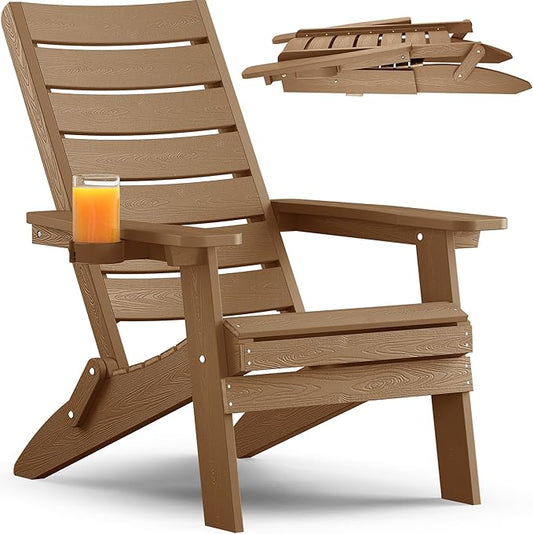 YEFU Adirondack Chair, Folding Adirondack Chairs with Arc Back & Cup Holder, Weather Resistant Plastic Oversized Chair for Outdoor Patio Lawn Garden Backyard Deck Fire Pit, Teak