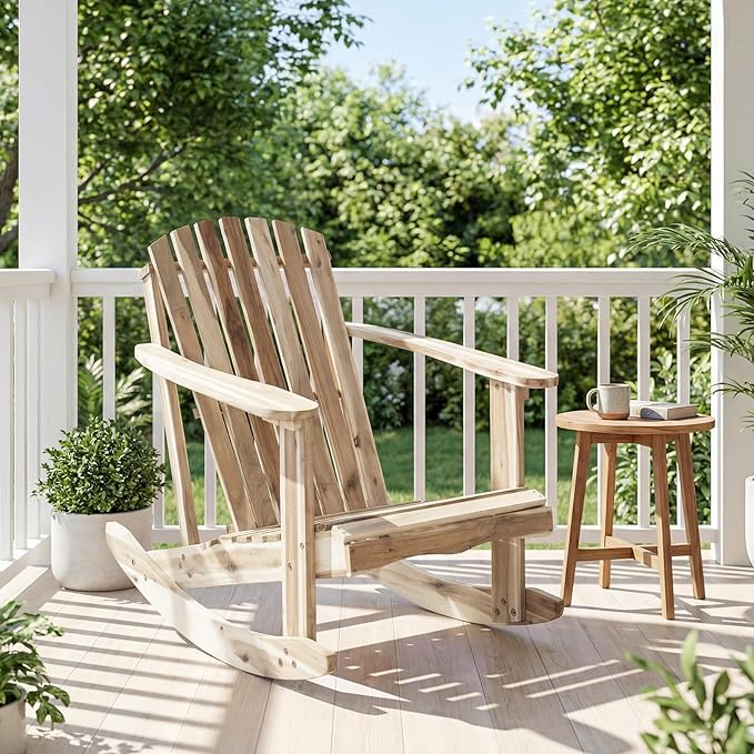 Tangkula Adirondack Rocking Chair, Acacia Wood Patio Rocker with Slatted Seat & High Fanned Back, DIY Colors. Rustic Outdoor Log Rocking Seat Furniture for Backyard, Porch, Garden (Natural, 1 Pack)