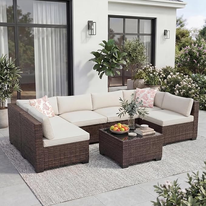 7-Piece Outdoor Patio Furniture Set, Modular Sectional Sofa with Water-Resistant Washable Thick Cushions & Coffee Table - Photo 8