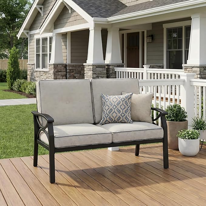 RoyalCraft Patio Loveseat, All-Weather Outdoor 2 Seats Sofa Couch, Black Metal Furniture with Gray Cushions - Photo 1