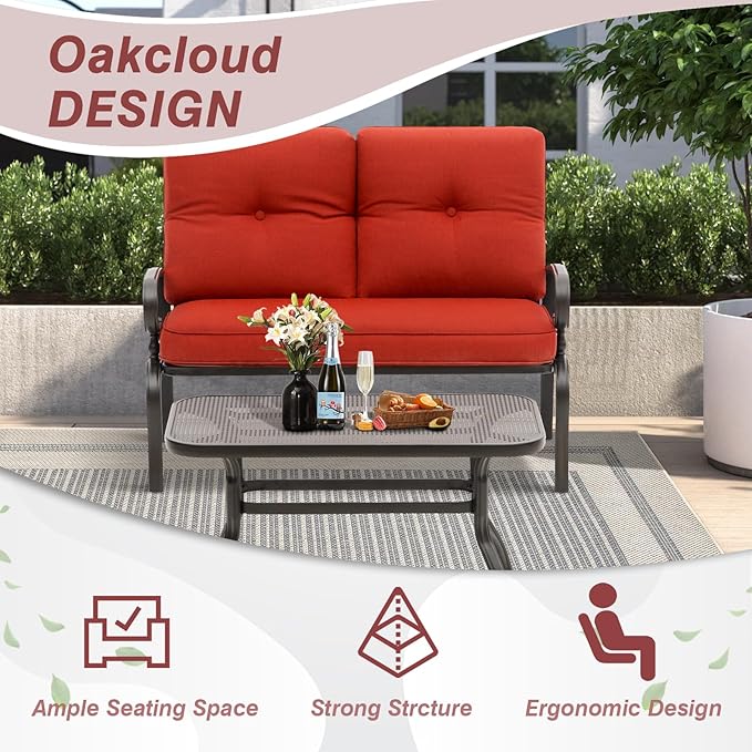 Oakcloud Outdoor 2 Pcs Patio Loveseat Bench Metal Frame Furniture Set with Thick Cushions and Coffee Table, Wrought Iron Look (Red)
