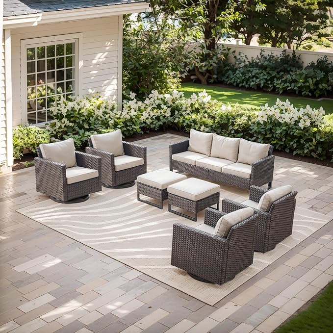 Rilyson Wicker Outdoor Patio Furniture Set - 7 Piece Patio Conversation Set with 4 Swivel Rocker Chairs - Photo 1