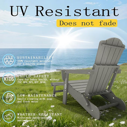 Adjustable Adirondack Chairs with Retractable Ottoman, HDEP Folding Adirondack Chair with Footrest & Cup Holder, All Weather Fire Pit Chair for Outdoor,Grey