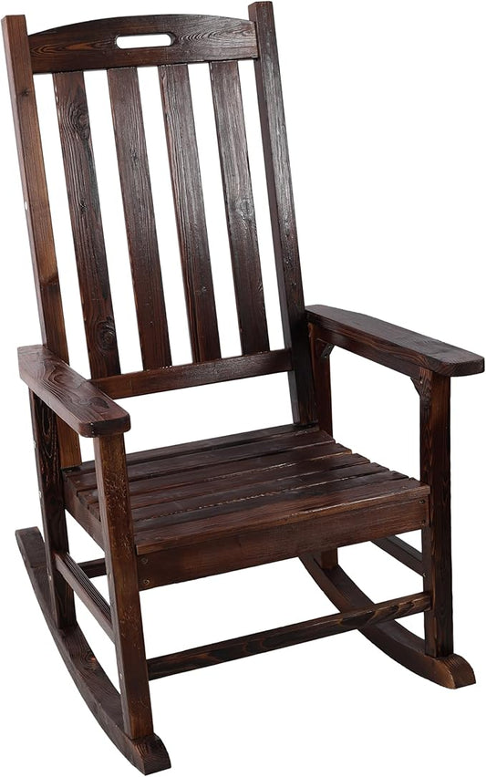 Patio Wooden Rocking Chair, High Back Wood Rocker Accent Chairs, Durable Porch Rocker Chair with Wide Seat, Patio Rockers for Outdoor & Indoor, Garden, Porch (Brown)