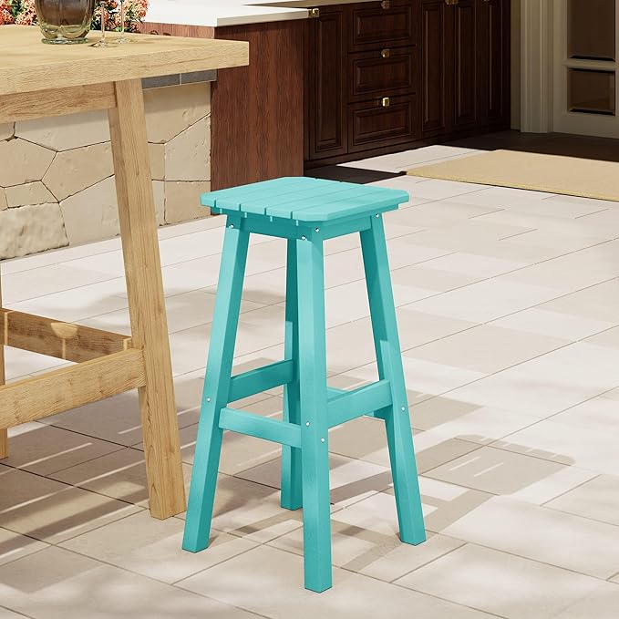 Costaelm 29" Height Outdoor Bar Stools, All-Weather Bar Stools, Adirondack Poly Patio Square Bar Stool for Patio, Deck, Kitchen Counter and Garden, Turquoise