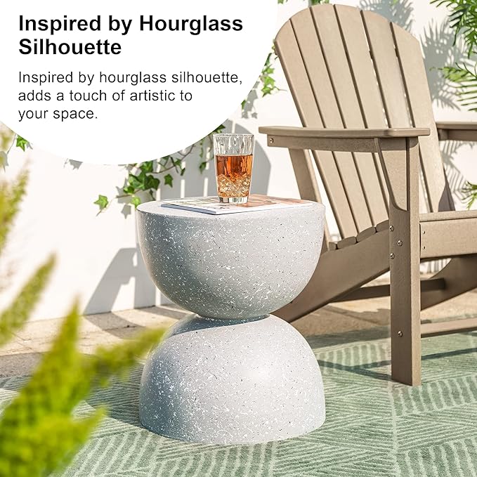 Glitzhome Outdoor Side Table, Round Accent End Table, Lightweight Hourglass Faux Terrazzo Decorative Garden Stool, 17.75" H Gray Planter Stand for Patio Porch Balcony Living Room