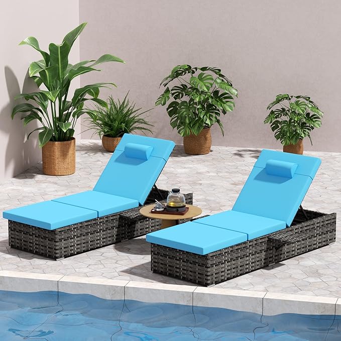 Outdoor Chaise Lounge Chair Set of 2 Wicker Pool Lounge Chairs Tanning Lounges for Outside Lawn Sunbathing Chairs with - Photo 3