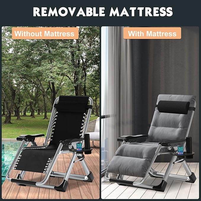 MOPHOTO Zero Gravity Chair, Outdoor Padded Lounge Chair with Side Table, Zero Gravity Recliner Chair, Outdoor Reclining Chair, Sturdy & Comfortable, Supports up to 440lbs