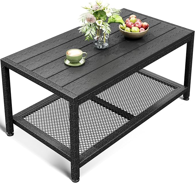 ODK Outdoor Coffee Table with Double-Layer Storage, Rectangle Weather-Resistant Patio Coffee Table for Garden, Balcony - Photo 1