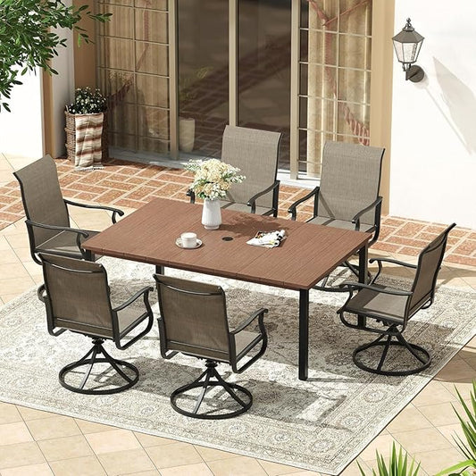VICLLAX Outdoor Patio Dining Table for 6, 63" Rectangle Dining Table with Umbrella Hole for Porch, Backyard, Garden, Deck, Walnut
