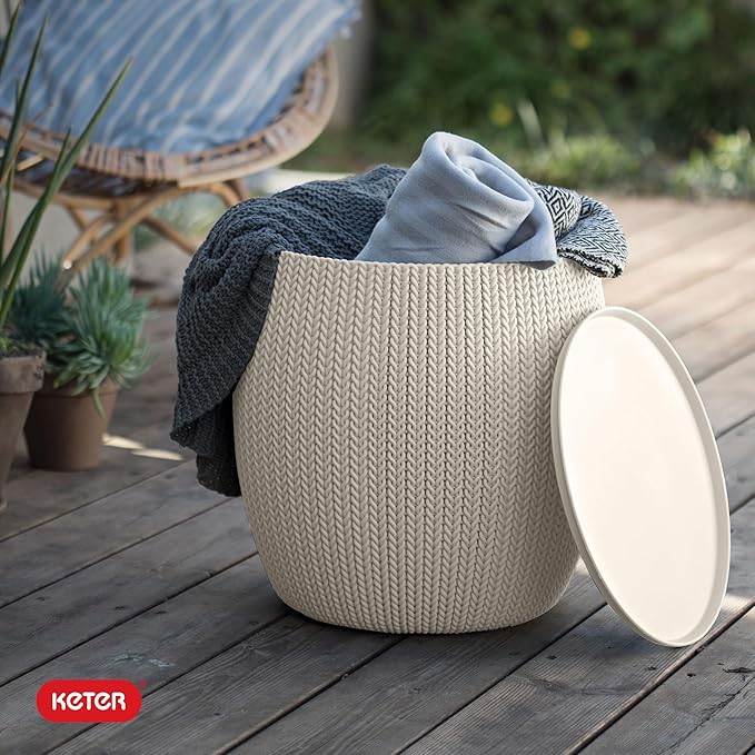 KETER Urban Knit Pouf Ottoman Set of 2 with Storage Table for Patio and Room Décor-Perfect for Balcony, Deck - Photo 9