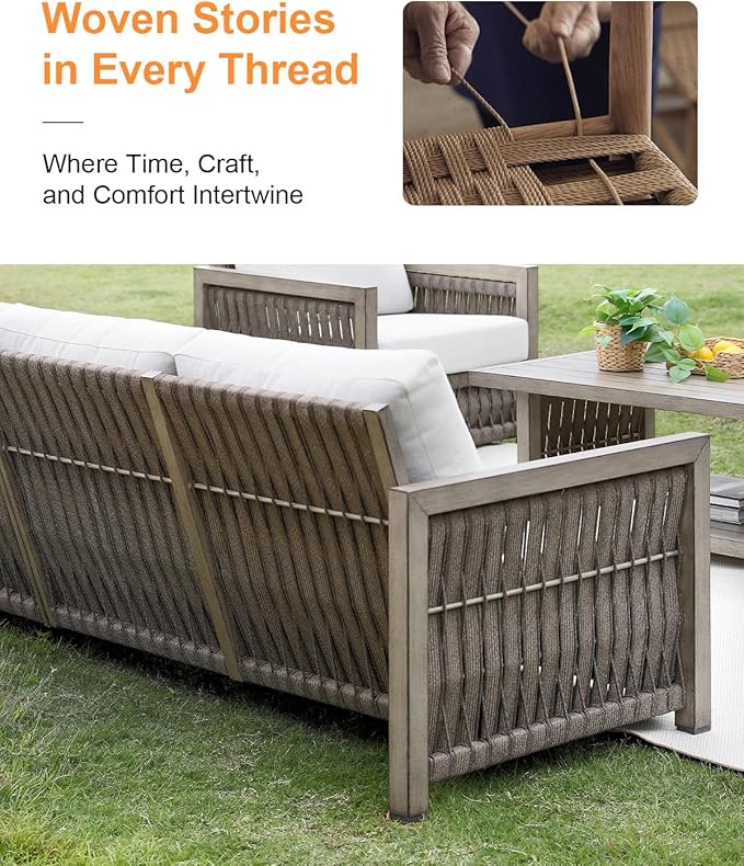 3 Seats Outdoor Sofa, Aluminum Patio Sofas Couch with Thick Cushions, Never-Rust 3-Seater Rope Weave Outside Patio Couch - Photo 6