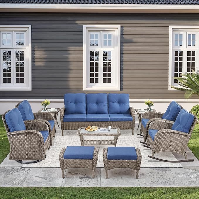 10-Piece Patio Furniture Set-Patio Rocking Chairs Set of 4 Outdoor Rattan Sofa Sets with Coffee Table Outdoor Patio - Photo 1