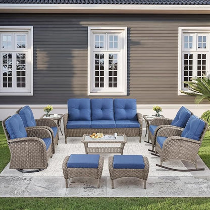 10-Piece Patio Furniture Set-Patio Rocking Chairs Set of 4 Outdoor Rattan Sofa Sets with Coffee Table Outdoor Patio Furniture Sets for Deck Porch Garden Balcony Poolside-Grey/Blue